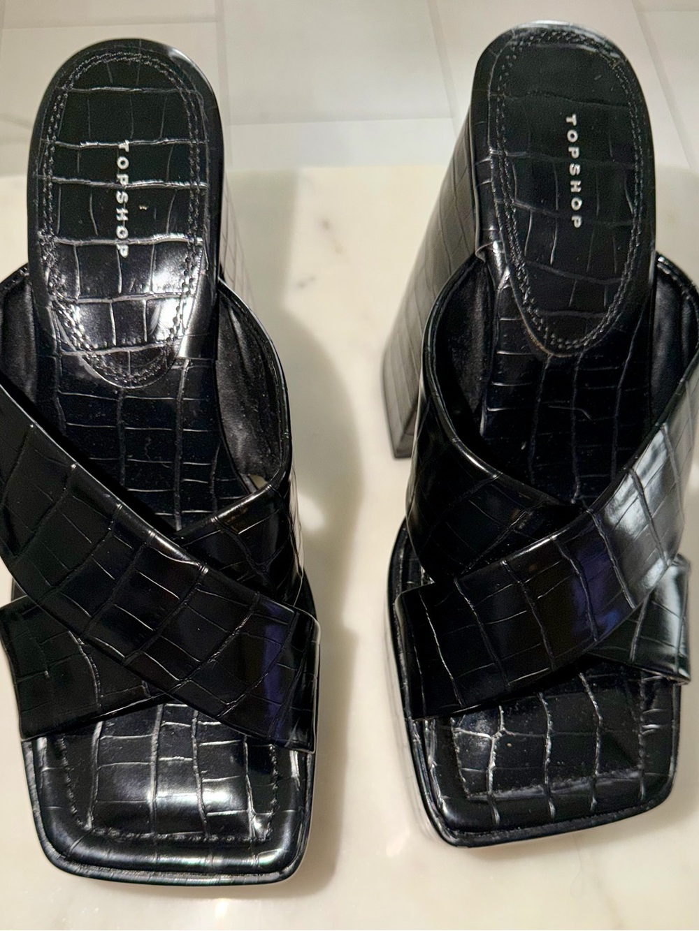 Topshop Black Croc-Embossed Crisscross Block Heel Mules